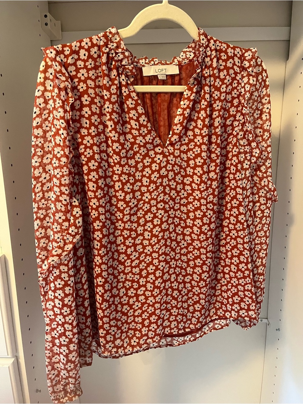 LOFT Rust-Red Floral Ruffle Neck Long Sleeve Blouse
